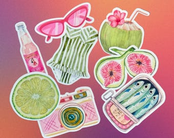 Aesthetic Vinyl Pink Summer Beach Girl Sticker Bundle for Laptop Kindle Water Bottle Journal (8 PCS)