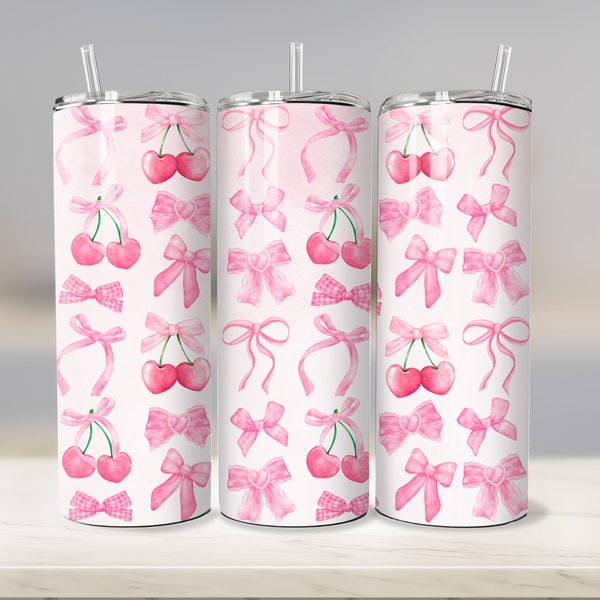 Cherry Bow, Tumbler Wrap, Pink Bow, Coquette, 20 Oz Skinny Tumbler, Ribbon, Aesthetic, Bow PNG, Trendy Tumbler PNG, Tumbler Sublimation, PNG