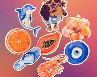 Aesthetic Vinyl Blue and Orange Summer Beach Dog Girl Sticker Bundle for Laptop Kindle Water Bottle Journal (8 PCS)