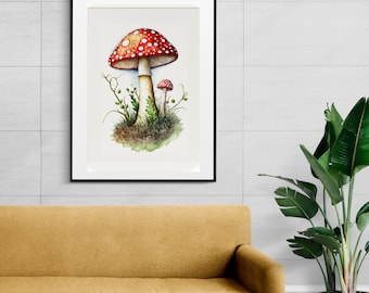 Fungal Finery: Botanical Watercolor Mushroom Wall Art Print | Vibrant Fly Agaric Illustration | Poster | Office | Bathroom | Kitchen | Decor