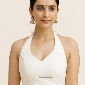Women White Dupion Silk Halter Top: V Neck  Indian Sleeveless Saree Blouse saree blouses readymade