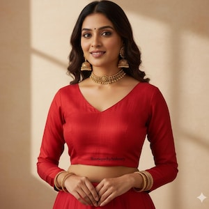 Red Dupion Silk Saree Blouse, V Neck Long Sleeve, Back Hook Indian Top