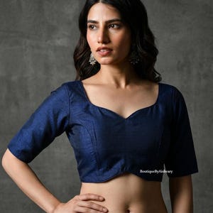 Navy Blue Dupion Silk Blouse with Sweetheart Neck, Half Sleeves, Round Open Back for Festive Weddings