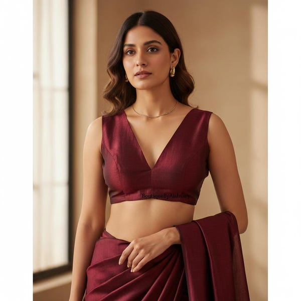 Maroon Silk Saree Blouse – Deep V Neck Designer Indian Crop Top – Party Wear