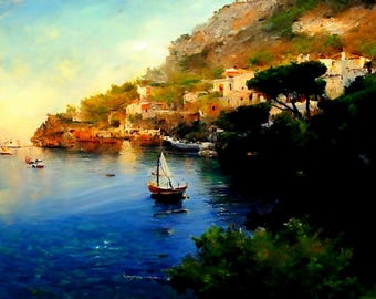 Coastal Oil Painting Art Print: Mediterranean Summer Seascape (Digital Download)