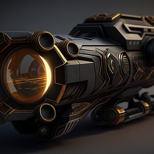 May include: A futuristic, black and gold weapon with a large, round, glowing lens and multiple smaller, circular details. The weapon has a complex, intricate design with geometric patterns and a textured surface.