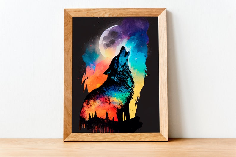 Colorful Wolf Howling at the Moon Art Print - Wildlife Watercolor ...