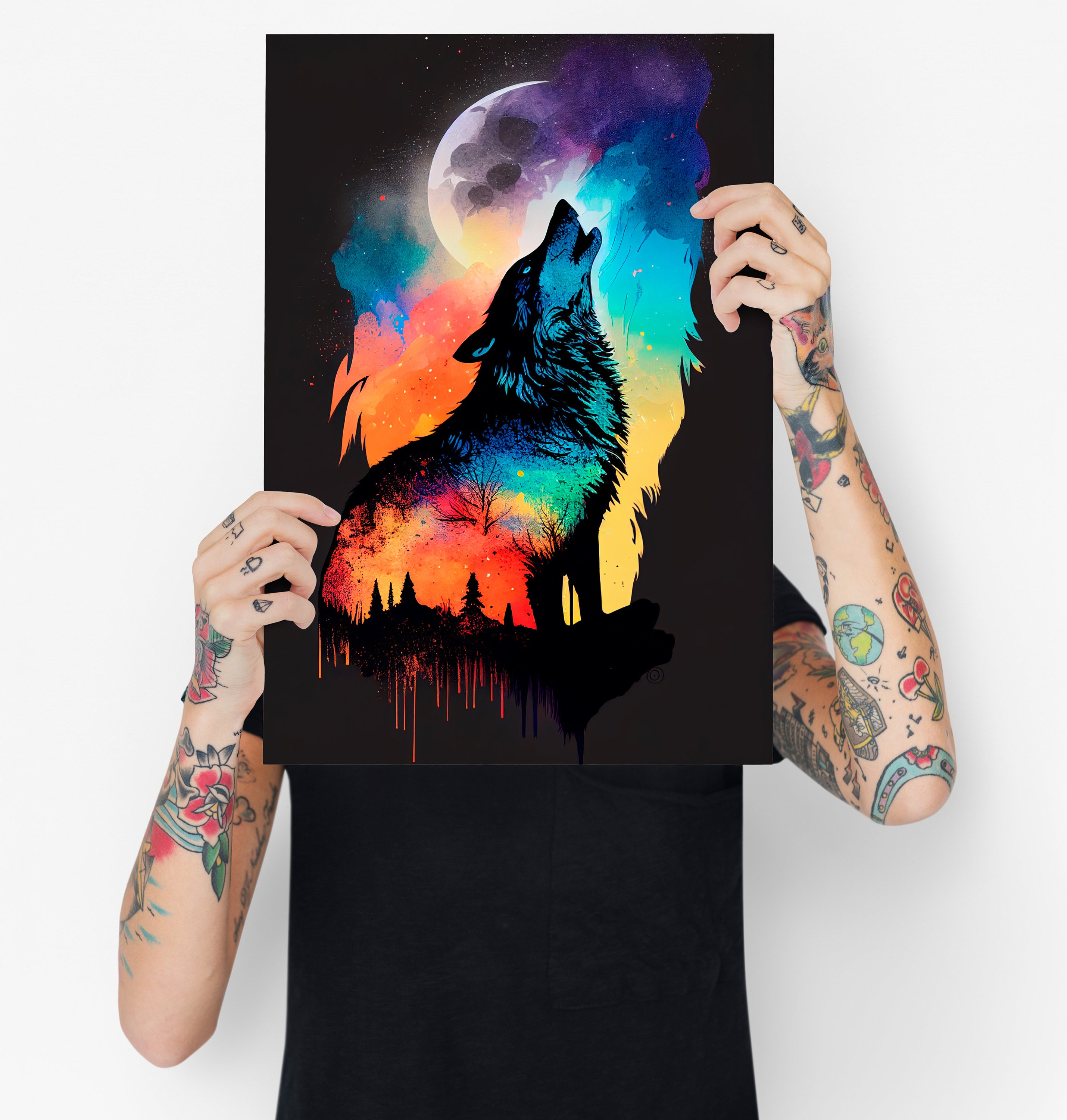 Colorful Wolf Howling at the Moon Art Print - Wildlife Watercolor ...