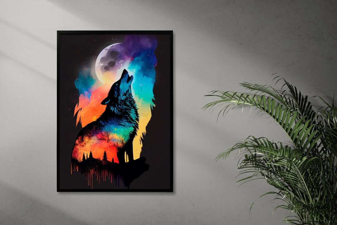 Colorful Wolf Howling at the Moon Art Print Wildlife - Etsy