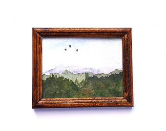 Miniature Landscape Watercolor Painting in a Stained Wood Frame
