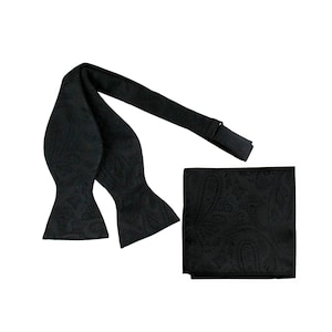 May include: A black bow tie and pocket square set with a paisley pattern.