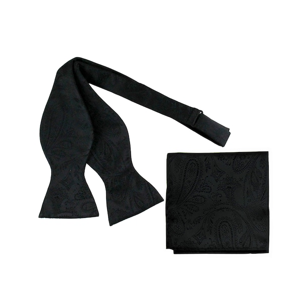 New Men's Self Tie Freestyle Bowtie and Hankie set Polyester Paisley Black wedding formal occasion