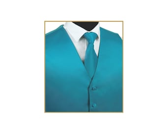 New Men's Tuxedo Vest Waistcoat and Necktie TURQUOISE Blue Solid Slim fit  wedding formal occasion