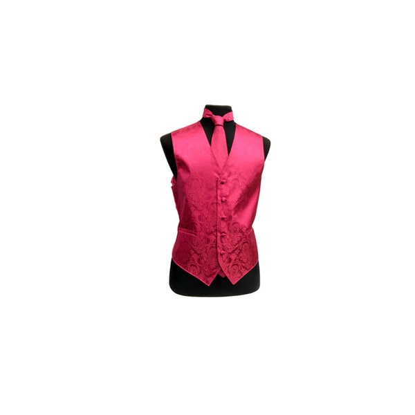 New Men's Tuxedo Vest Waistcoat and Necktie Hot Pink Paisley regular fit wedding formal occasion