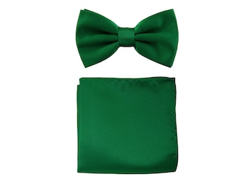 New Men's Bowtie and Hankie set Polyester Solid Emerald Green wedding formal occasion