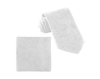 Neue Herrenkrawatte und Taschentuch-Set Polyester Paisley Weiß Hochzeit formeller Anlass