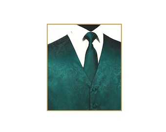 New Men's Tuxedo Vest Waistcoat and Necktie Hunter Green Paisley regular fit wedding formal occasion
