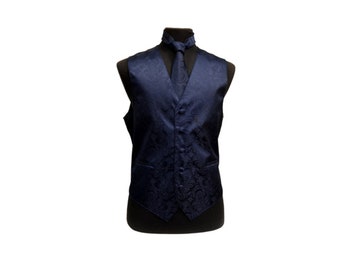 New Men's Tuxedo Vest Waistcoat and Necktie Navy Blue Paisley regular fit wedding formal occasion