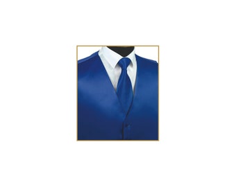 May include: A royal blue satin vest with a matching satin tie. The vest has a button closure and a classic cut.