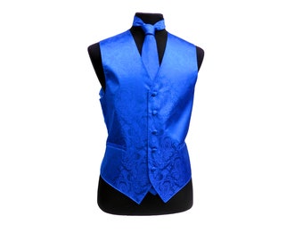 New Men's Tuxedo Vest Waistcoat and Necktie Royal Blue Paisley regular fit wedding formal occasion