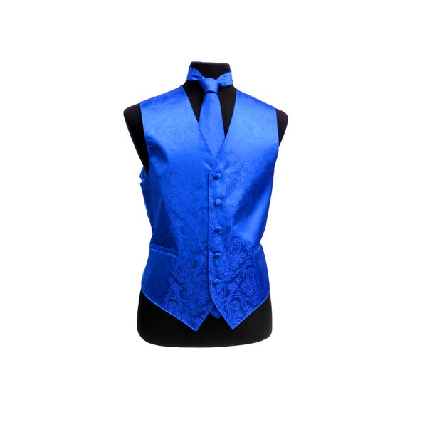 New Men's Tuxedo Vest Waistcoat and Necktie Royal Blue Paisley regular fit wedding formal occasion