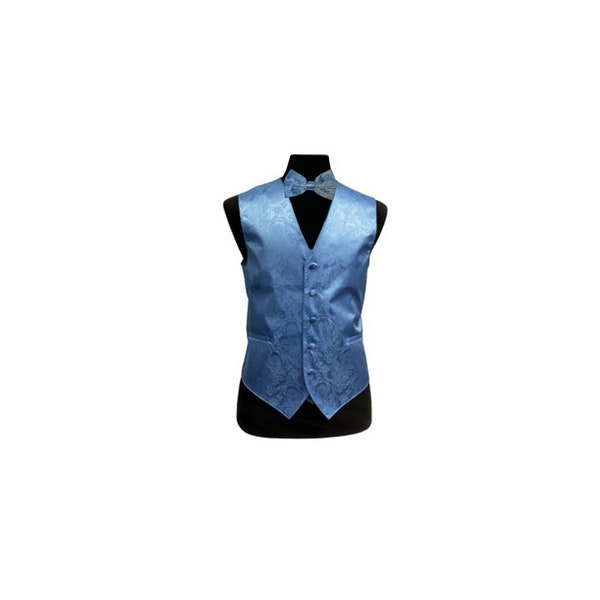 New Men's Tuxedo Vest Waistcoat with bowtie Dusty Blue Paisley regular fit wedding formal occasion