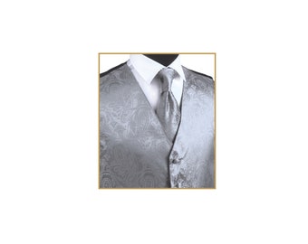 New Men's Tuxedo Vest Waistcoat and Necktie Silver Paisley regular fit wedding formal occasion