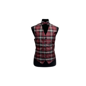New Men&#39;s Tuxedo Vest Waistcoat and Bowtie Burgundy plaids & checkers regular fit wedding formal occasion