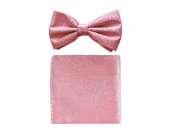 New Men's Bowtie and Hankie set Polyester Paisley Pink wedding formal occasion