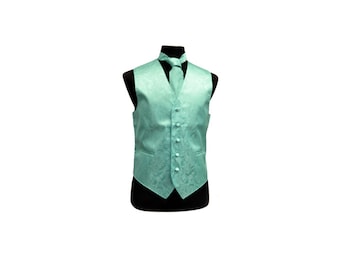 New Men's Tuxedo Vest Waistcoat and Necktie Aqua Green Paisley regular fit wedding formal occasion