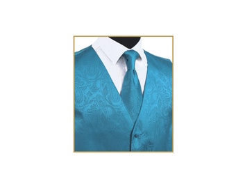 New Men's Tuxedo Vest Waistcoat and Necktie Turquoise Blue Paisley regular fit wedding formal occasion