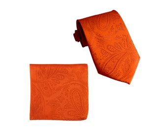 Nuovo set cravatta e fazzoletto da uomo in poliestere Paisley arancione per matrimonio formale