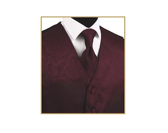 New Men's Tuxedo Vest Waistcoat and Necktie and hankie Burgundy Paisley regular fit formal occasion