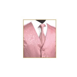 May include: A pink paisley patterned vest with a matching pink tie. The vest has a button closure and a white shirt collar is visible underneath.