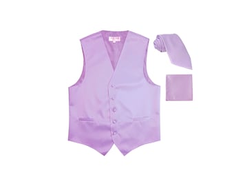 New Men's Tuxedo Vest Waistcoat and Necktie hankie set Lavender regular fit wedding formal occasion