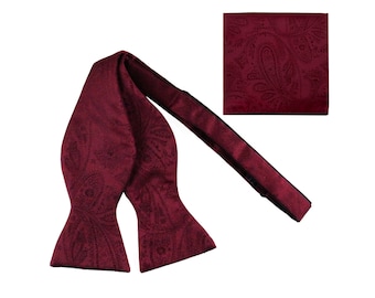 Nieuwe heren zelfbinder vrije stijl vlinderdas en zakdoek set Polyester Paisley Burgundy bruiloft formele gelegenheid