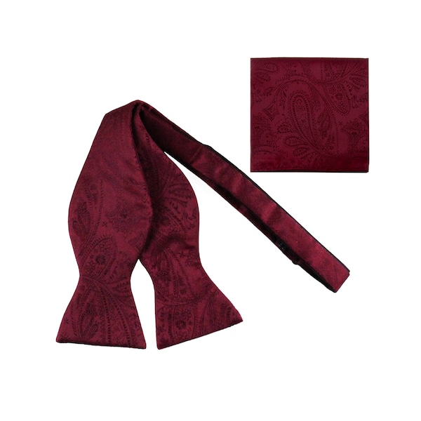 New Men's Self Tie Freestyle Bowtie and Hankie set Polyester Paisley Burgundy wedding formal occasion