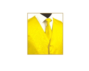 New Men's Tuxedo Vest Waistcoat and Necktie Yellow Paisley regular fit wedding formal occasion