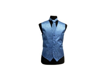 New Men's Tuxedo Vest Waistcoat and Necktie Dusty Blue Paisley regular fit wedding formal occasion