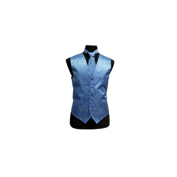 New Men's Tuxedo Vest Waistcoat and Necktie Dusty Blue Paisley regular fit wedding formal occasion