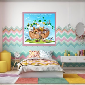 Noah's Ark Nursery,  Nursery Wall Art, Animal Decor, Bible Nursery, Christian Art, Prayer for baby, Giraffe, Peacock