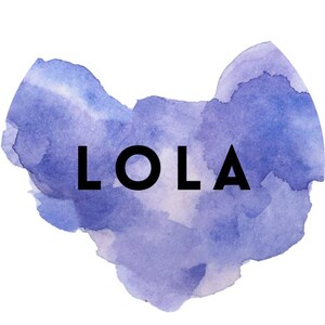May include: A watercolor painting of a purple and blue cloud with the word "LOLA" written in black letters.