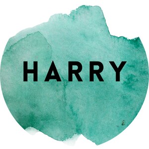 May include: A watercolor-style illustration of the word "HARRY" in black text on a teal green background.