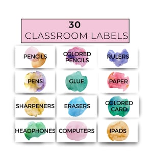 Classroom Organisation Labels, Template For Preschool, Classroom label Template, Watercolor Labels, Classroom, DIGITAL DOWNLOAD