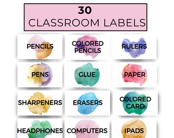 Classroom Organisation Labels, Template For Preschool, Classroom label Template, Watercolor Labels, Classroom, DIGITAL DOWNLOAD