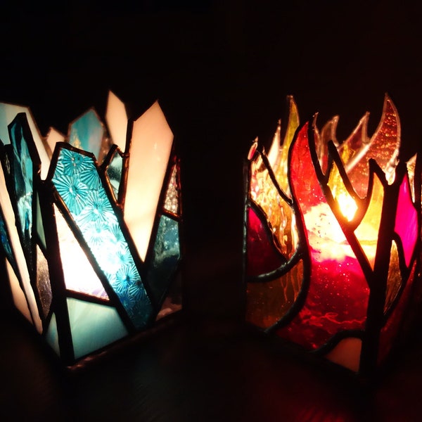 Fire Flame and Frozen Ice Stained Glass Candle Holders - TWO PATTERNS, Digital Download, PDF file, Pattern, Stained Glass Ornament, Candle