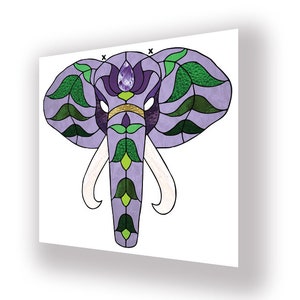 May include: Purple stained glass elephant head with green leaves and a purple gem in the center of its forehead.