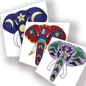 May include: Three colorful elephant head designs with intricate details. The first elephant is blue with gold accents, the second is red with blue and gold accents, and the third is purple with green and gold accents.