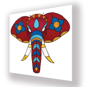 May include: A stained glass elephant head with red, blue, yellow, and white colors. The elephant's trunk is long and curved, and its eyes are white.