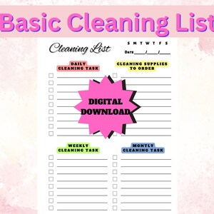Basisreinigingslijst | Dagelijkse, wekelijkse, maandelijkse schoonmaakchecklist | Invulbaar/aanpasbaar | Maandelijkse grondige schoonmaaktaken